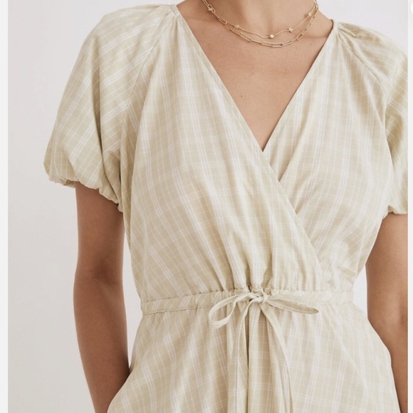 MADEWELL Green Cream Plaid Gingham Tie Waist Midi Dress Puff Sleeve V Neck M - Picture 2 of 11